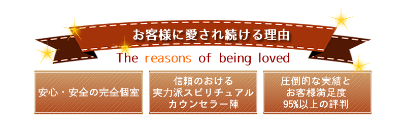 お客様に愛され続ける理由 ①安心・安全の完全個室 ②信頼のおける実力派スピリチュアルカウンセラー陣 ③圧倒的な実績とお客様満足度95%以上の評判